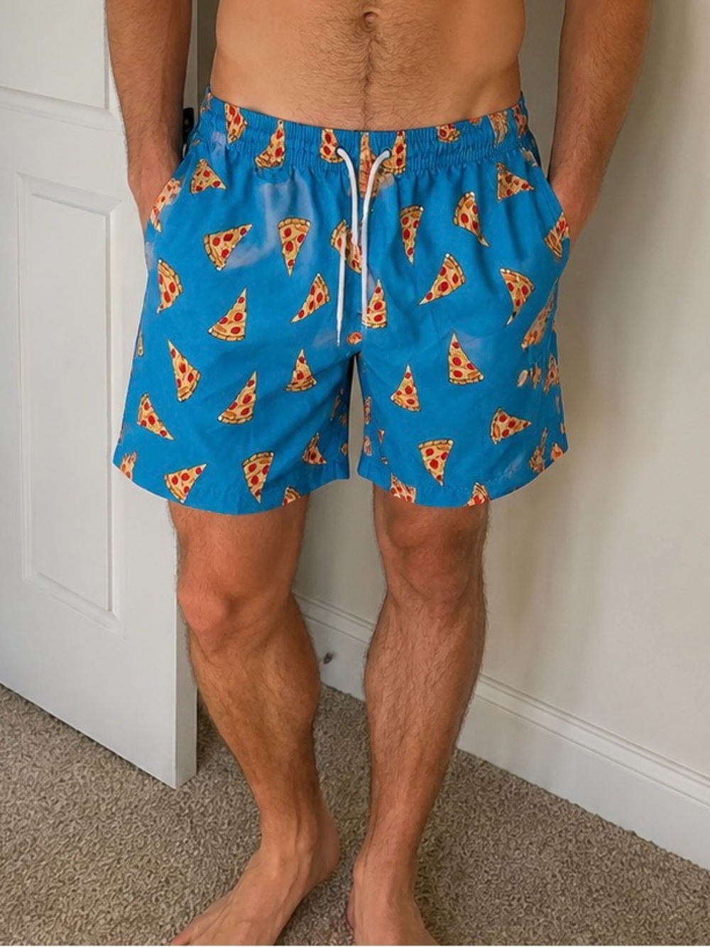 Men's Blue Pizza-Print Swim Trunks